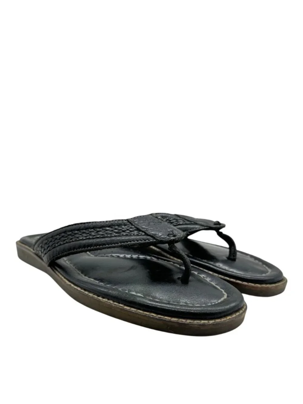 Tommy Bahama Woven Black Leather Flip Flops Men's 11 Anchors Away Thong Sandals